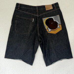 Platinum FUBU Fat Albert Jean Shorts Mens 38 Black Denim Baggy Y2K Hip Hop Vtg